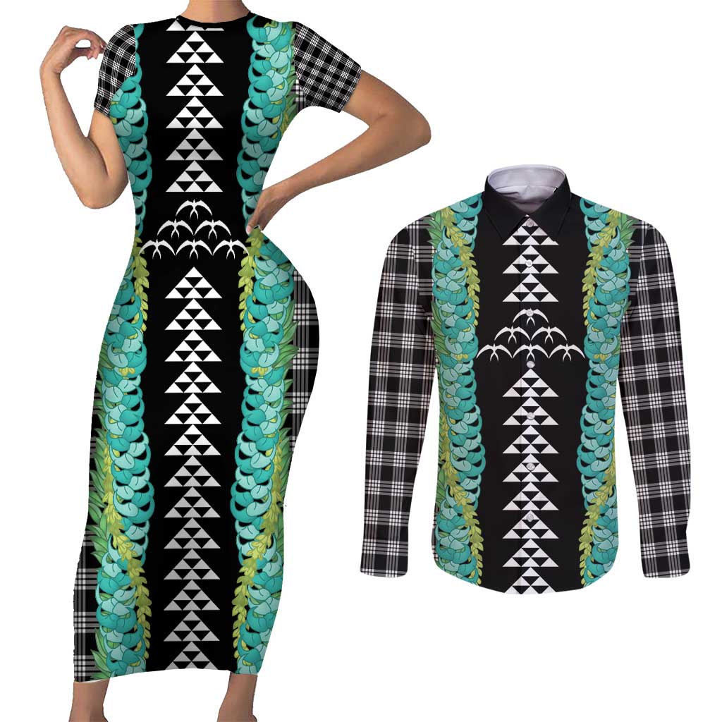Black Palaka Hawaii Iwa Bird Couples Matching Short Sleeve Bodycon Dress and Long Sleeve Button Shirt Hawaiian Kakau Jade Vine Lei - Polynesian Pride