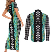 Black Palaka Hawaii Iwa Bird Couples Matching Short Sleeve Bodycon Dress and Long Sleeve Button Shirt Hawaiian Kakau Jade Vine Lei - Polynesian Pride
