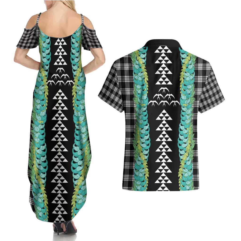 Black Palaka Hawaii Iwa Bird Couples Matching Summer Maxi Dress and Hawaiian Shirt Hawaiian Kakau Jade Vine Lei - Polynesian Pride