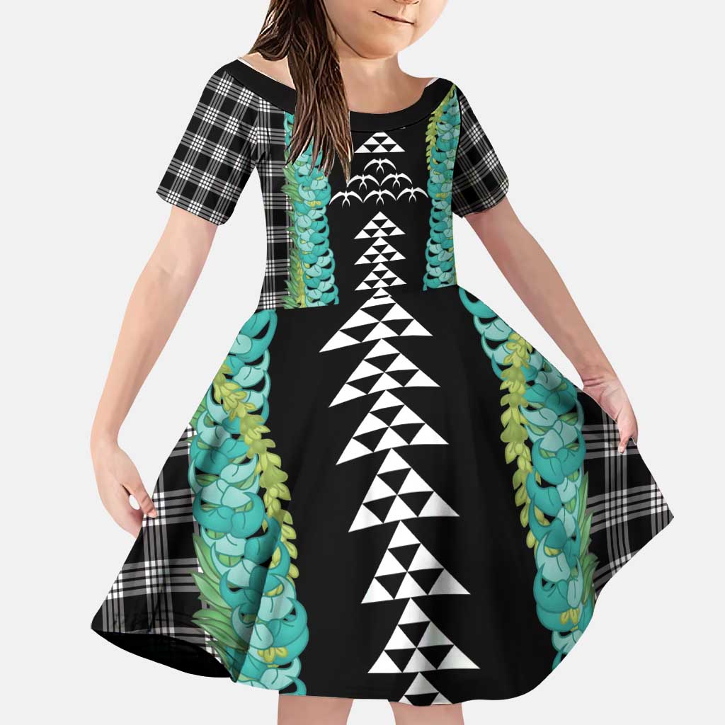 Black Palaka Hawaii Iwa Bird Family Matching Off The Shoulder Long Sleeve Dress and Hawaiian Shirt Hawaiian Kakau Jade Vine Lei - Polynesian Pride