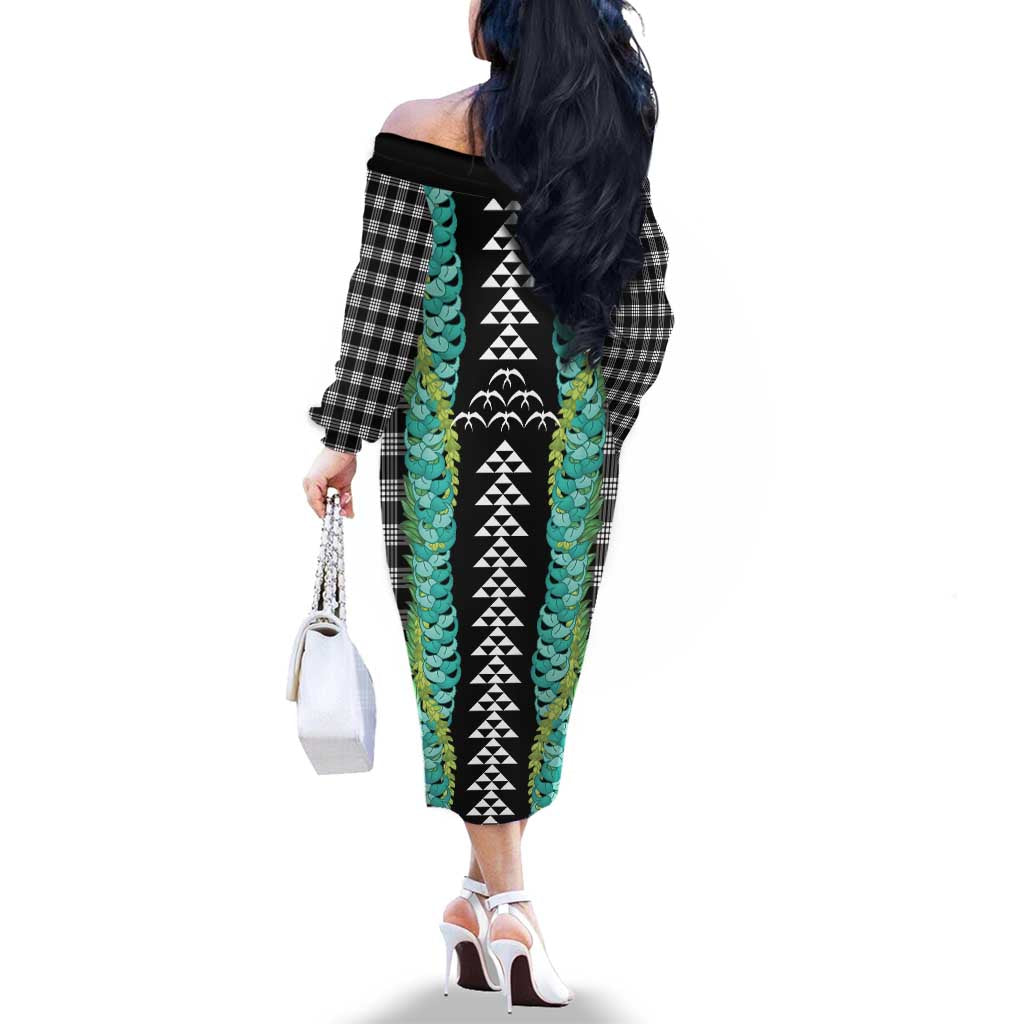 Black Palaka Hawaii Iwa Bird Family Matching Off The Shoulder Long Sleeve Dress and Hawaiian Shirt Hawaiian Kakau Jade Vine Lei - Polynesian Pride