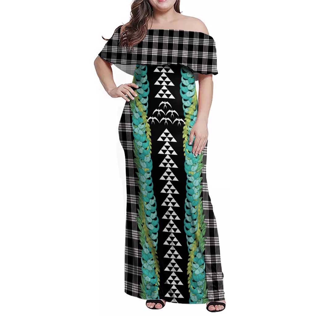 Black Palaka Hawaii Iwa Bird Family Matching Off Shoulder Maxi Dress and Hawaiian Shirt Hawaiian Kakau Jade Vine Lei - Polynesian Pride