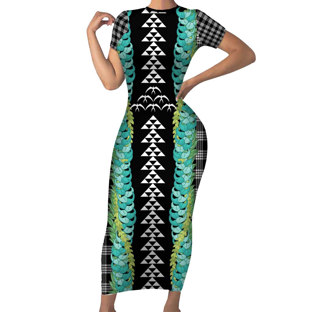 Black Palaka Hawaii Iwa Bird Family Matching Short Sleeve Bodycon Dress and Hawaiian Shirt Hawaiian Kakau Jade Vine Lei - Polynesian Pride