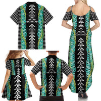Black Palaka Hawaii Iwa Bird Family Matching Summer Maxi Dress and Hawaiian Shirt Hawaiian Kakau Jade Vine Lei - Polynesian Pride