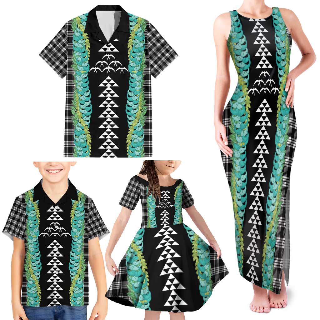 Black Palaka Hawaii Iwa Bird Family Matching Tank Maxi Dress and Hawaiian Shirt Hawaiian Kakau Jade Vine Lei - Polynesian Pride