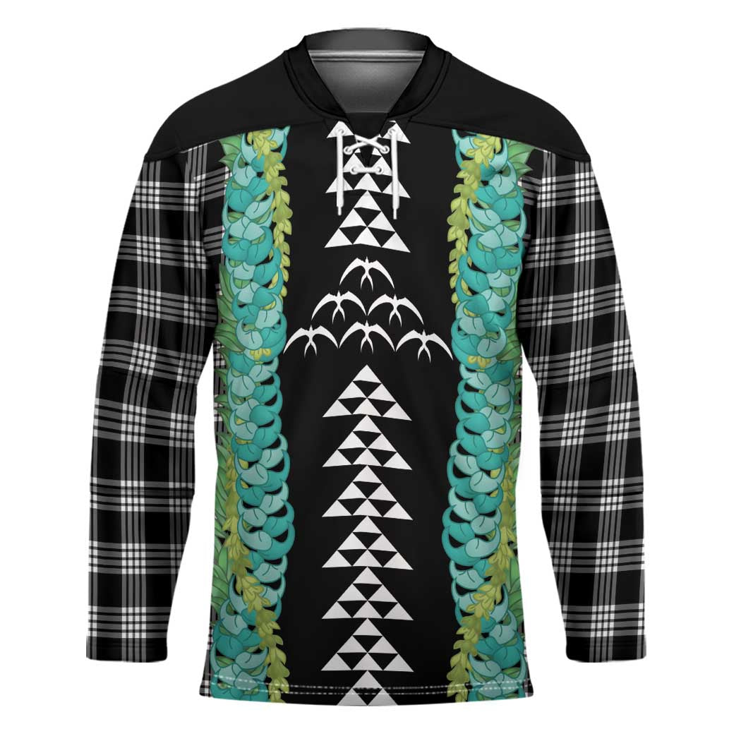 Black Palaka Hawaii Iwa Bird Hockey Jersey Hawaiian Kakau Jade Vine Lei - Polynesian Pride