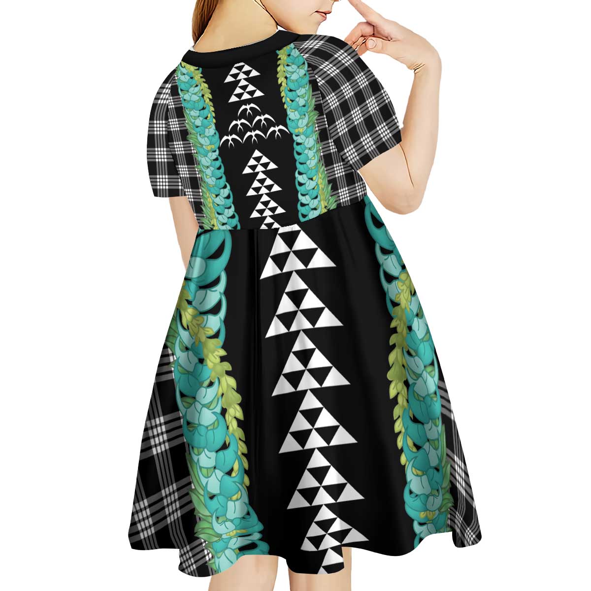 Black Palaka Hawaii Iwa Bird Kid Short Sleeve Dress Hawaiian Kakau Jade Vine Lei - Polynesian Pride