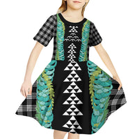Black Palaka Hawaii Iwa Bird Kid Short Sleeve Dress Hawaiian Kakau Jade Vine Lei - Polynesian Pride