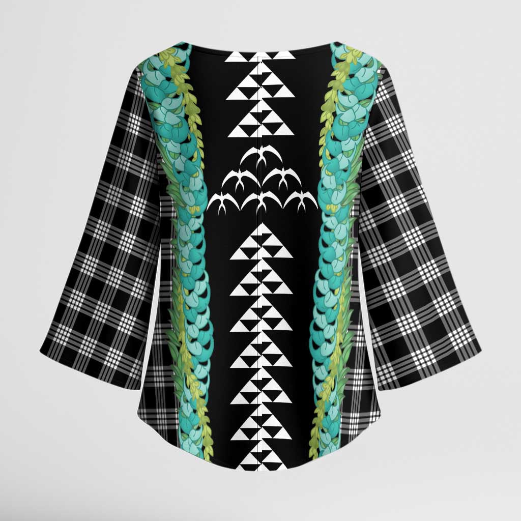 Black Palaka Hawaii Iwa Bird Kimono Sleeve Blouse Hawaiian Kakau Jade Vine Lei - Polynesian Pride