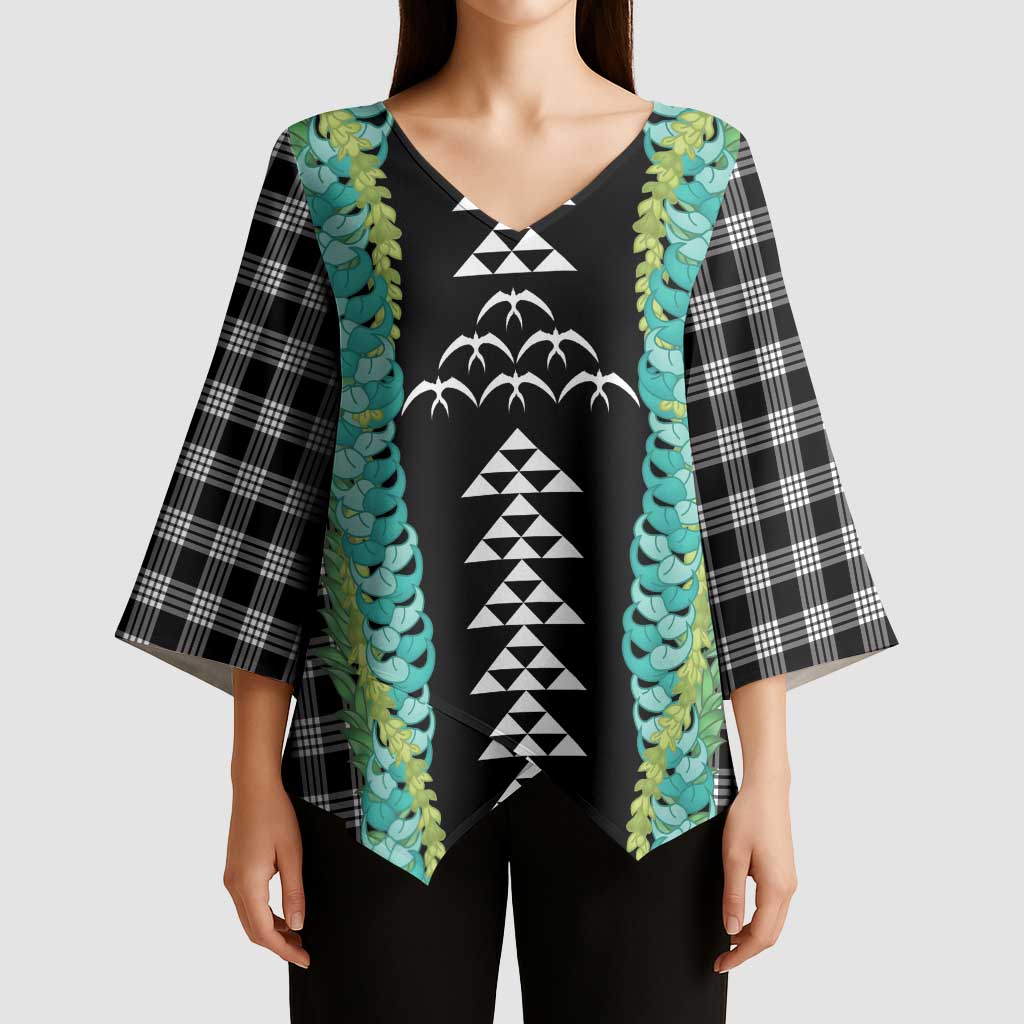 Black Palaka Hawaii Iwa Bird Kimono Sleeve Blouse Hawaiian Kakau Jade Vine Lei - Polynesian Pride