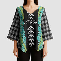 Black Palaka Hawaii Iwa Bird Kimono Sleeve Blouse Hawaiian Kakau Jade Vine Lei - Polynesian Pride