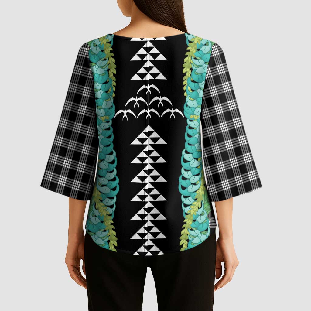 Black Palaka Hawaii Iwa Bird Kimono Sleeve Blouse Hawaiian Kakau Jade Vine Lei - Polynesian Pride