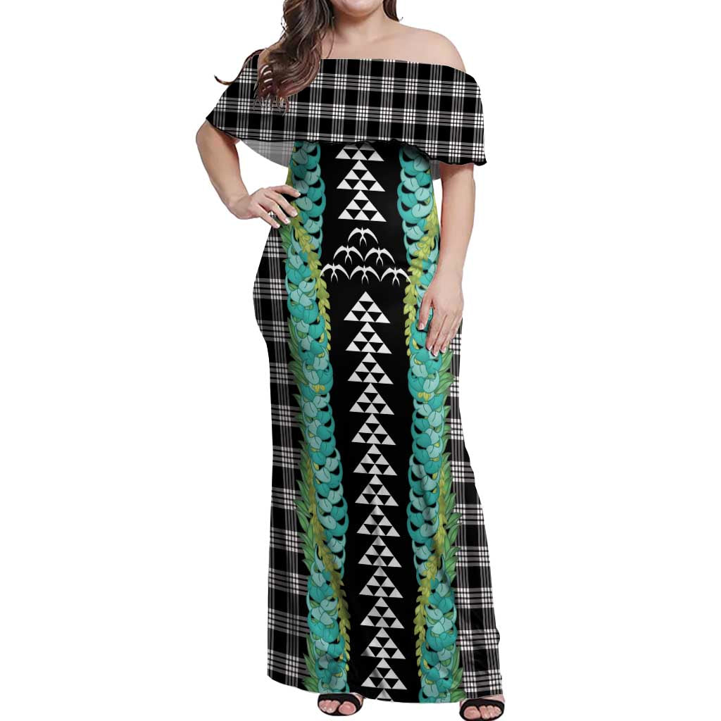 Black Palaka Hawaii Iwa Bird Off Shoulder Maxi Dress Hawaiian Kakau Jade Vine Lei - Polynesian Pride