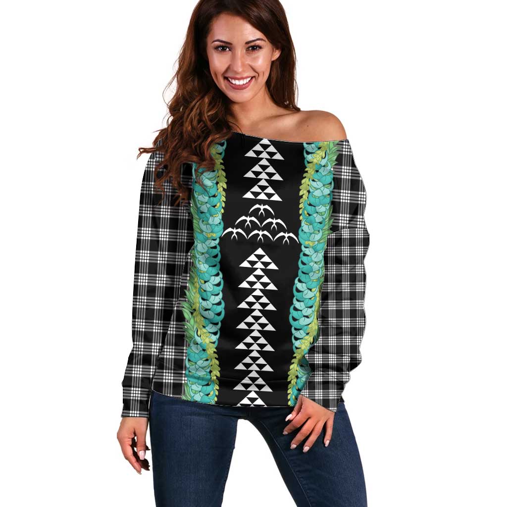 Black Palaka Hawaii Iwa Bird Off Shoulder Sweater Hawaiian Kakau Jade Vine Lei - Polynesian Pride