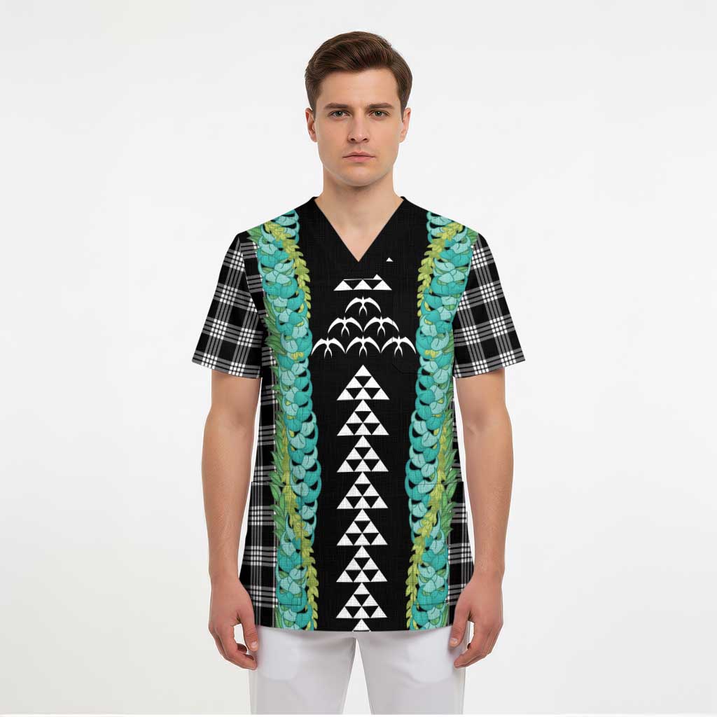 Black Palaka Hawaii Iwa Bird Scrub Top Hawaiian Kakau Jade Vine Lei - Polynesian Pride