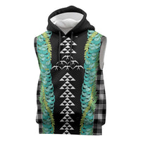 Black Palaka Hawaii Iwa Bird Sleeveless Hoodie Hawaiian Kakau Jade Vine Lei - Polynesian Pride