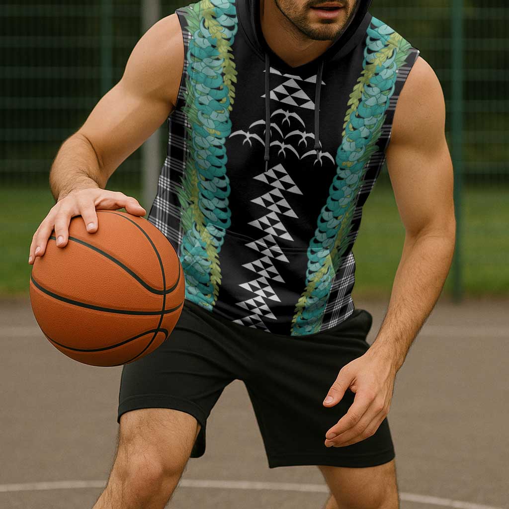 Black Palaka Hawaii Iwa Bird Sleeveless Hoodie Hawaiian Kakau Jade Vine Lei - Polynesian Pride