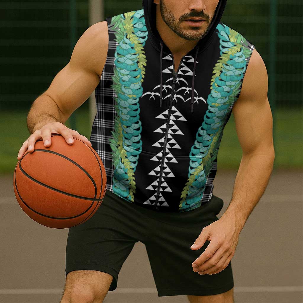Black Palaka Hawaii Iwa Bird Sleeveless Zip Hoodie Hawaiian Kakau Jade Vine Lei - Polynesian Pride