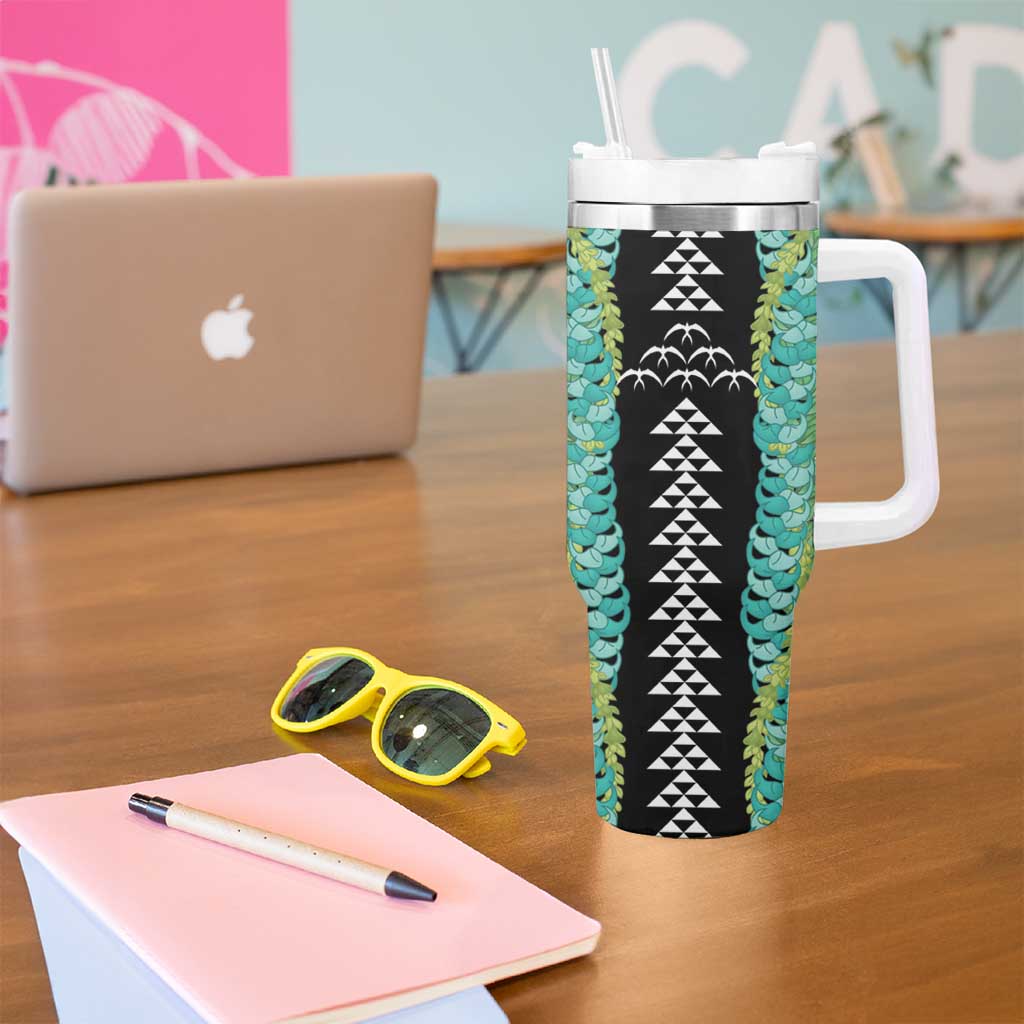 Black Palaka Hawaii Iwa Bird Tumbler With Handle Hawaiian Kakau Jade Vine Lei - Polynesian Pride