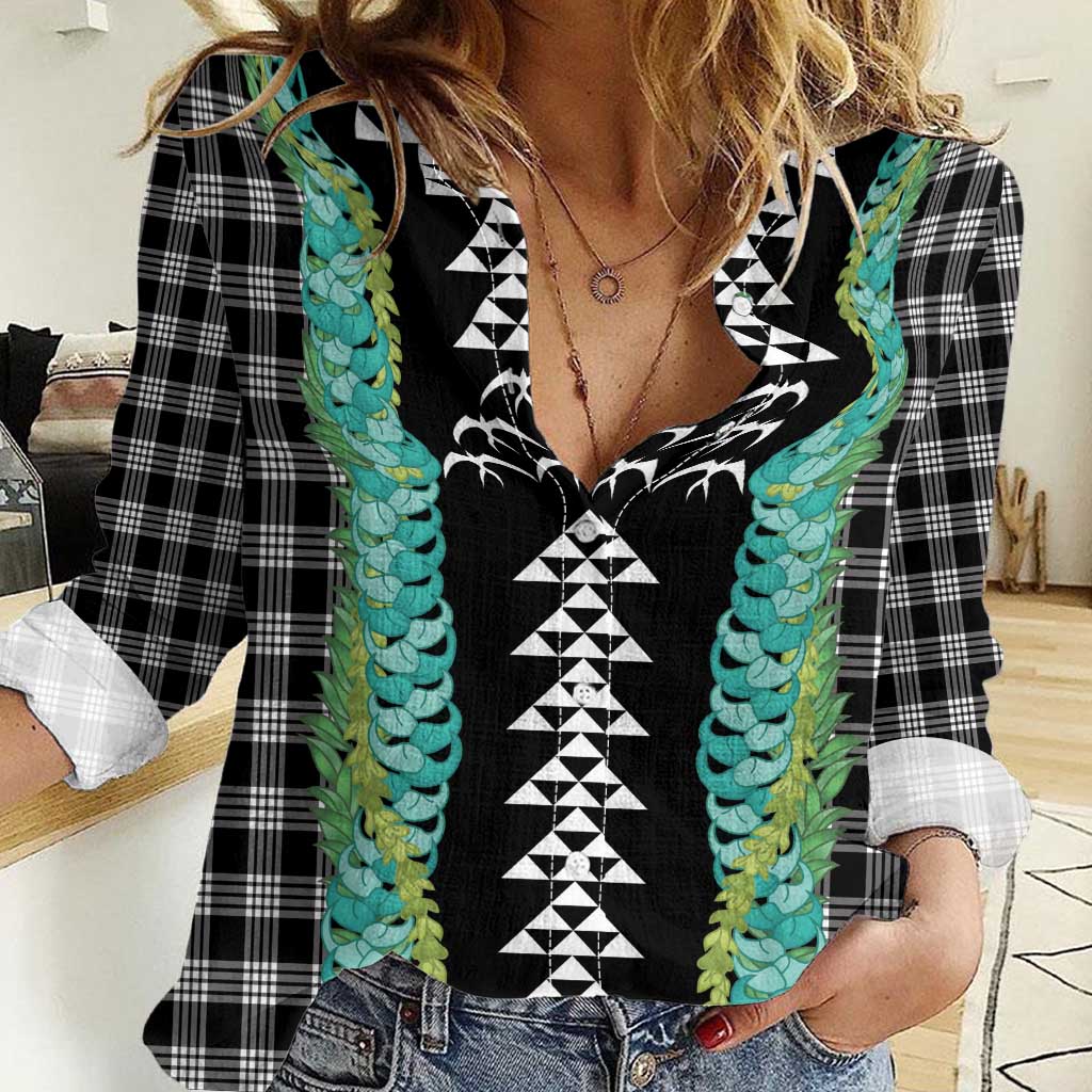 Black Palaka Hawaii Iwa Bird Women Casual Shirt Hawaiian Kakau Jade Vine Lei - Polynesian Pride