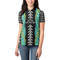 Black Palaka Hawaii Iwa Bird Women Polo Shirt Hawaiian Kakau Jade Vine Lei - Polynesian Pride