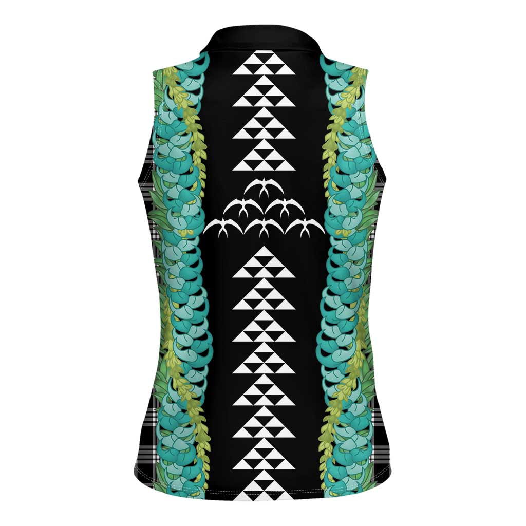 Black Palaka Hawaii Iwa Bird Women Sleeveless Polo Shirt Hawaiian Kakau Jade Vine Lei - Polynesian Pride