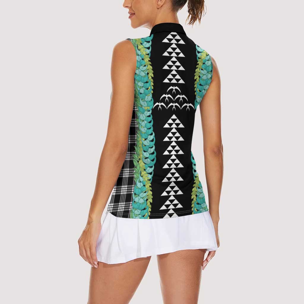 Black Palaka Hawaii Iwa Bird Women Sleeveless Polo Shirt Hawaiian Kakau Jade Vine Lei - Polynesian Pride