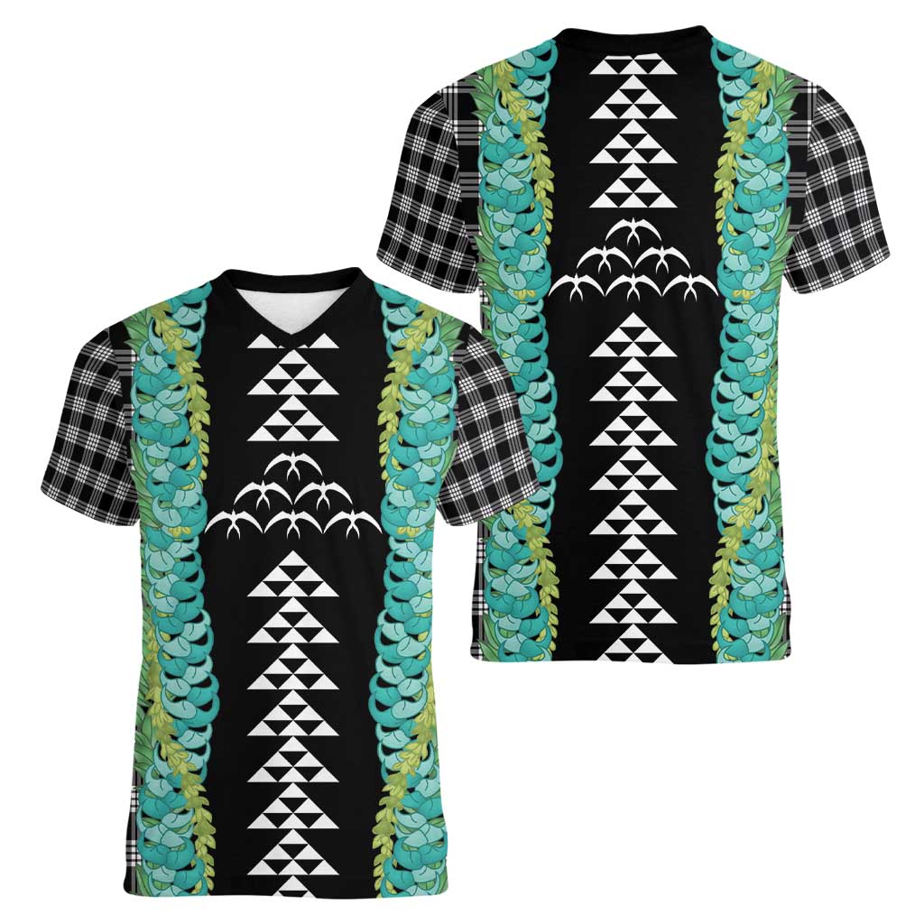 Black Palaka Hawaii Iwa Bird Women V-Neck T-Shirt Hawaiian Kakau Jade Vine Lei - Polynesian Pride