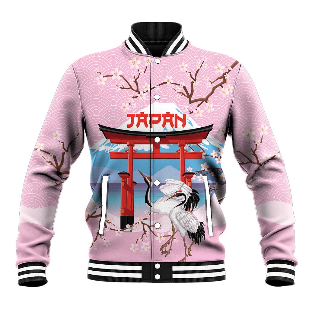 Japanese Torii Gate Cranes Personalised Baseball Jacket Fuji Mount Sakura Seigaiha Pattern LT14 Unisex Pink - Polynesian Pride