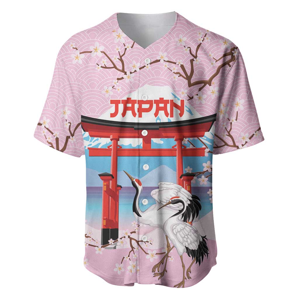 Japanese Torii Gate Cranes Personalised Baseball Jersey Fuji Mount Sakura Seigaiha Pattern LT14 Pink - Polynesian Pride