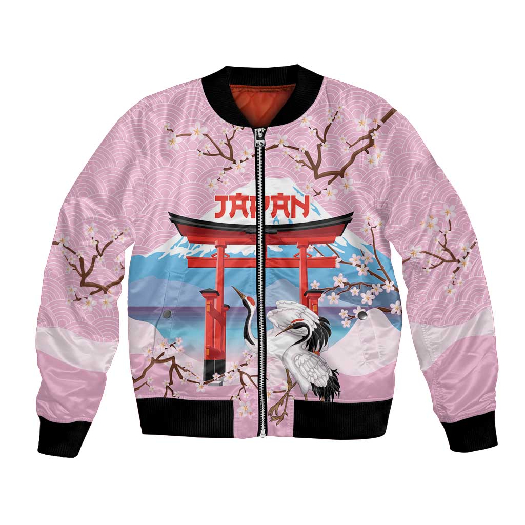 Japanese Torii Gate Cranes Personalised Bomber Jacket Fuji Mount Sakura Seigaiha Pattern LT14 Unisex Pink - Polynesian Pride