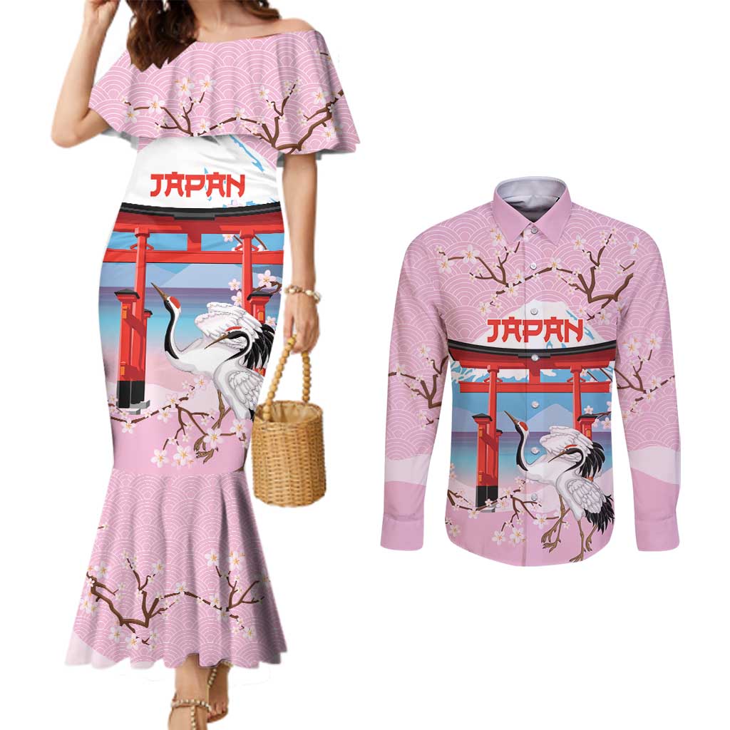 Japanese Torii Gate Cranes Personalised Couples Matching Mermaid Dress and Long Sleeve Button Shirt Fuji Mount Sakura Seigaiha Pattern LT14 Pink - Polynesian Pride