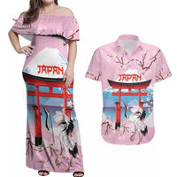Japanese Torii Gate Cranes Personalised Couples Matching Off Shoulder Maxi Dress and Hawaiian Shirt Fuji Mount Sakura Seigaiha Pattern LT14 Pink - Polynesian Pride