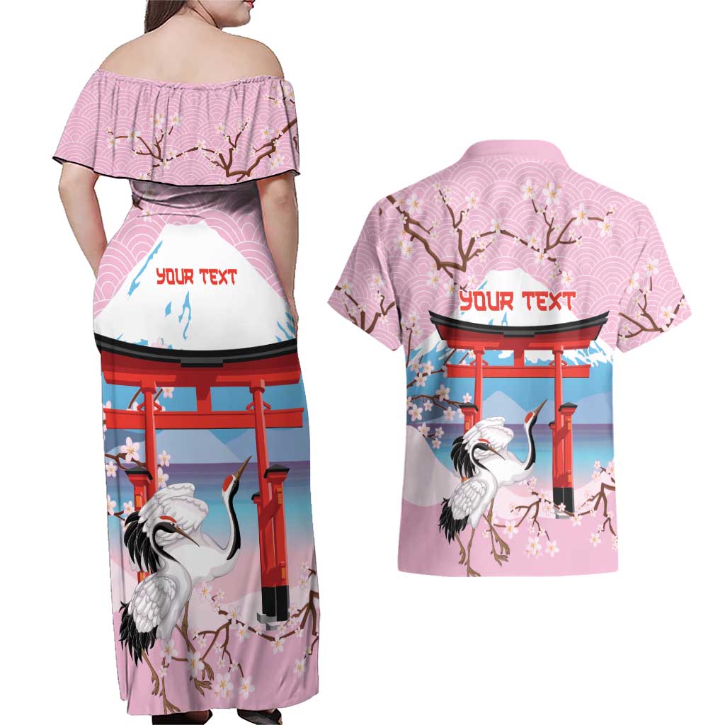Japanese Torii Gate Cranes Personalised Couples Matching Off Shoulder Maxi Dress and Hawaiian Shirt Fuji Mount Sakura Seigaiha Pattern LT14 - Polynesian Pride