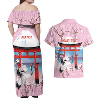 Japanese Torii Gate Cranes Personalised Couples Matching Off Shoulder Maxi Dress and Hawaiian Shirt Fuji Mount Sakura Seigaiha Pattern LT14 - Polynesian Pride
