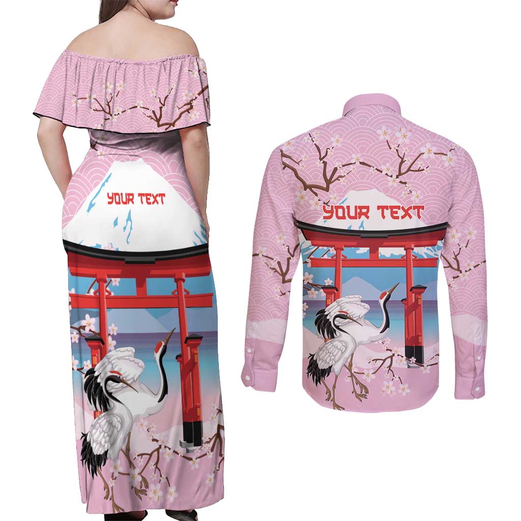 Japanese Torii Gate Cranes Personalised Couples Matching Off Shoulder Maxi Dress and Long Sleeve Button Shirt Fuji Mount Sakura Seigaiha Pattern LT14 - Polynesian Pride
