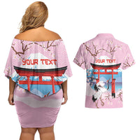 Japanese Torii Gate Cranes Personalised Couples Matching Off Shoulder Short Dress and Hawaiian Shirt Fuji Mount Sakura Seigaiha Pattern LT14 - Polynesian Pride