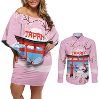 Japanese Torii Gate Cranes Personalised Couples Matching Off Shoulder Short Dress and Long Sleeve Button Shirt Fuji Mount Sakura Seigaiha Pattern LT14 Pink - Polynesian Pride