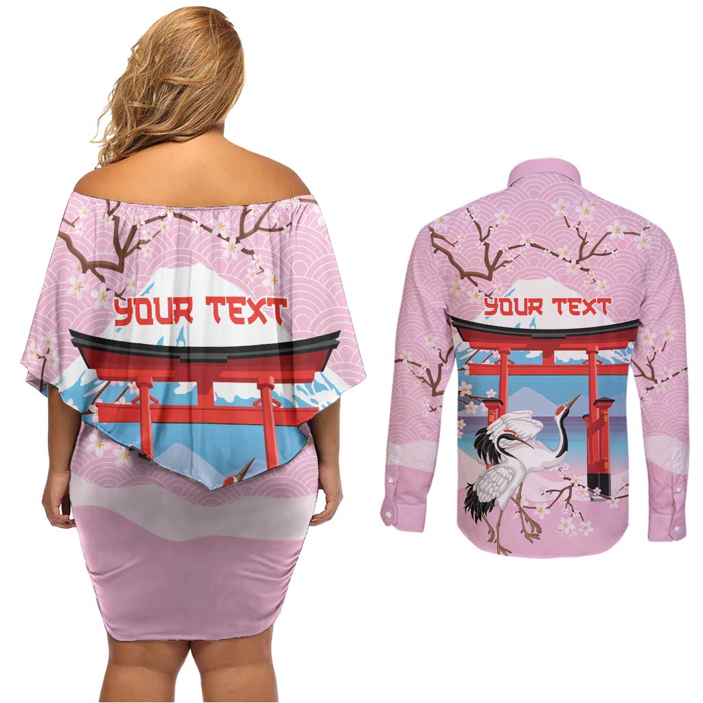 Japanese Torii Gate Cranes Personalised Couples Matching Off Shoulder Short Dress and Long Sleeve Button Shirt Fuji Mount Sakura Seigaiha Pattern LT14 - Polynesian Pride