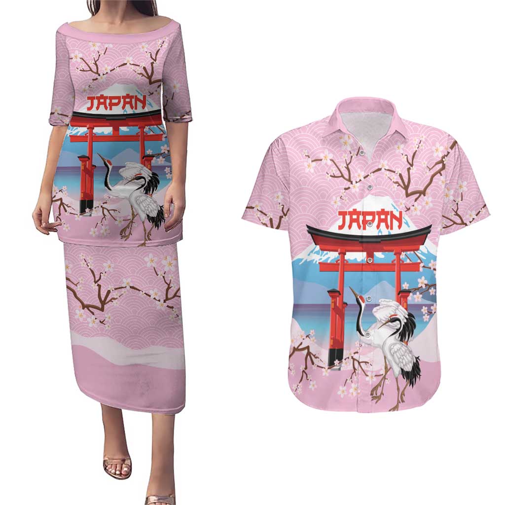 Japanese Torii Gate Cranes Personalised Couples Matching Puletasi and Hawaiian Shirt Fuji Mount Sakura Seigaiha Pattern LT14 Pink - Polynesian Pride