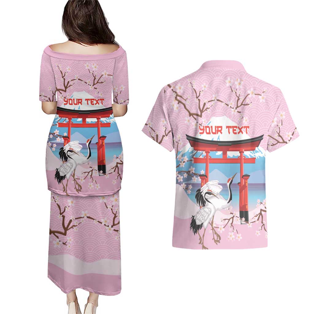 Japanese Torii Gate Cranes Personalised Couples Matching Puletasi and Hawaiian Shirt Fuji Mount Sakura Seigaiha Pattern LT14 - Polynesian Pride
