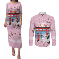 Japanese Torii Gate Cranes Personalised Couples Matching Puletasi and Long Sleeve Button Shirt Fuji Mount Sakura Seigaiha Pattern LT14 Pink - Polynesian Pride