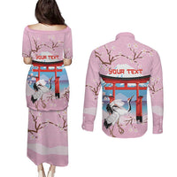 Japanese Torii Gate Cranes Personalised Couples Matching Puletasi and Long Sleeve Button Shirt Fuji Mount Sakura Seigaiha Pattern LT14 - Polynesian Pride