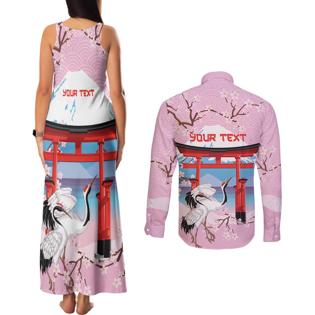 Japanese Torii Gate Cranes Personalised Couples Matching Tank Maxi Dress and Long Sleeve Button Shirt Fuji Mount Sakura Seigaiha Pattern LT14 - Polynesian Pride
