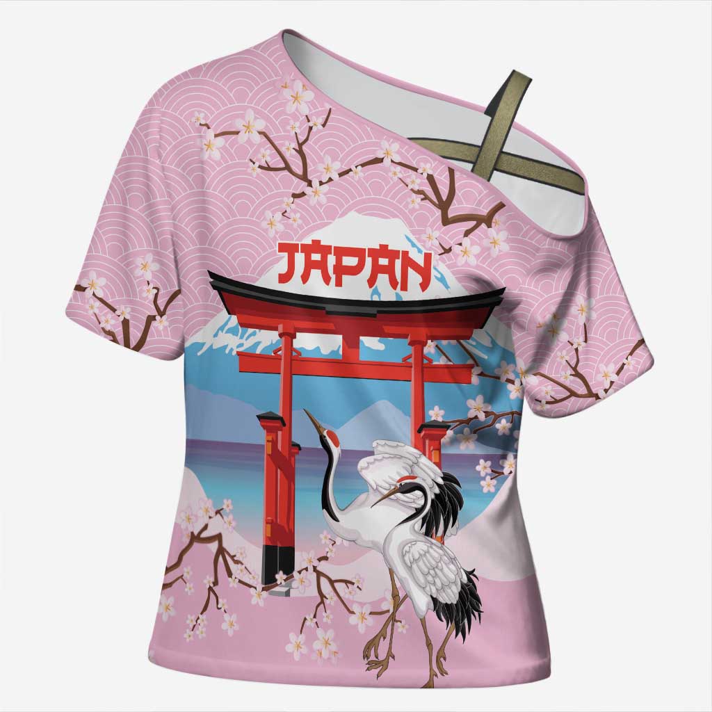 Japanese Torii Gate Cranes Personalised Cross Shoulder Shirt Fuji Mount Sakura Seigaiha Pattern LT14 Female Pink - Polynesian Pride