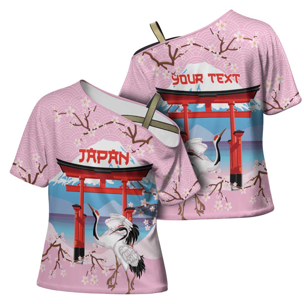 Japanese Torii Gate Cranes Personalised Cross Shoulder Shirt Fuji Mount Sakura Seigaiha Pattern LT14 - Polynesian Pride