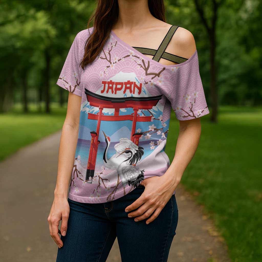 Japanese Torii Gate Cranes Personalised Cross Shoulder Shirt Fuji Mount Sakura Seigaiha Pattern LT14 - Polynesian Pride