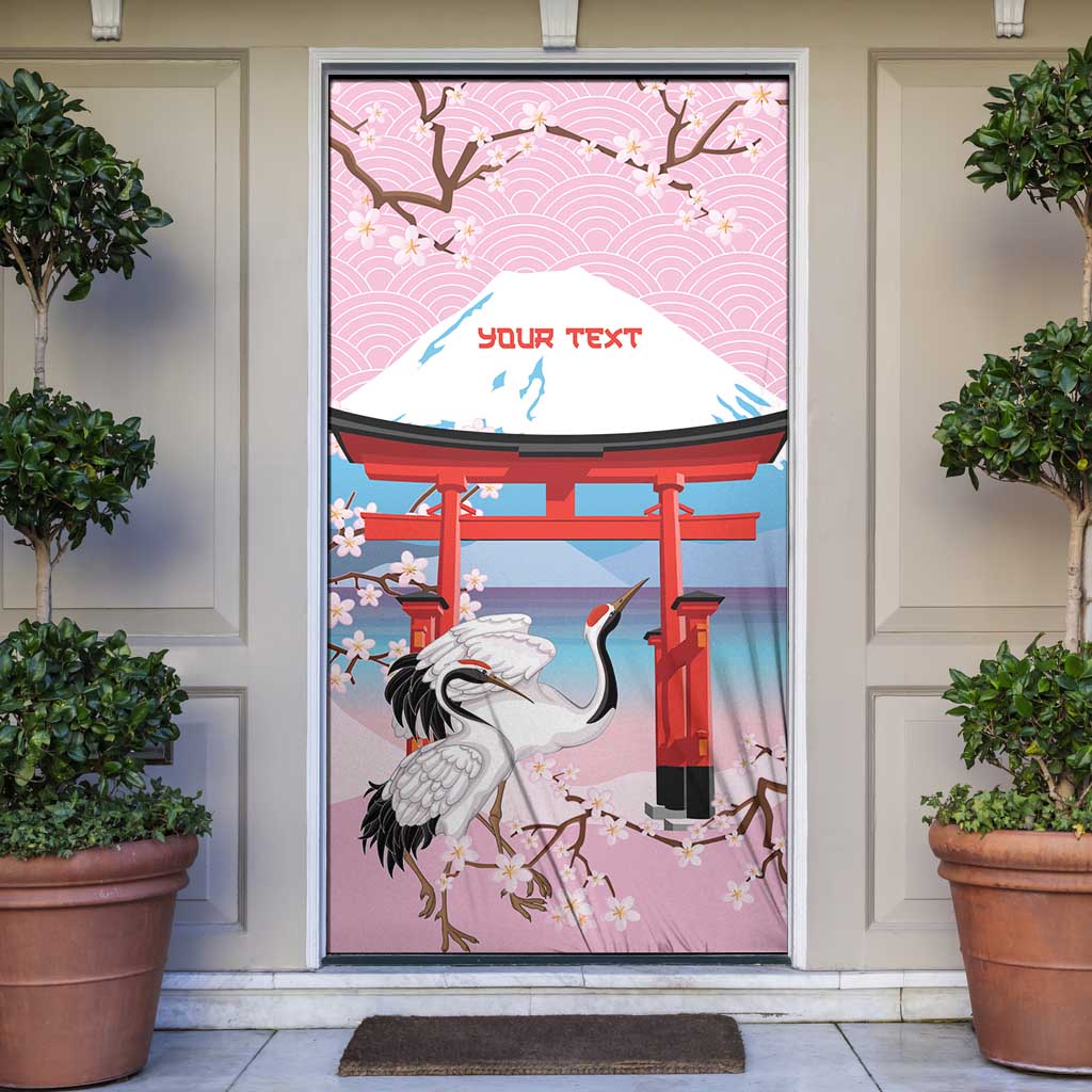 Japanese Torii Gate Cranes Personalised Door Cover Fuji Mount Sakura Seigaiha Pattern