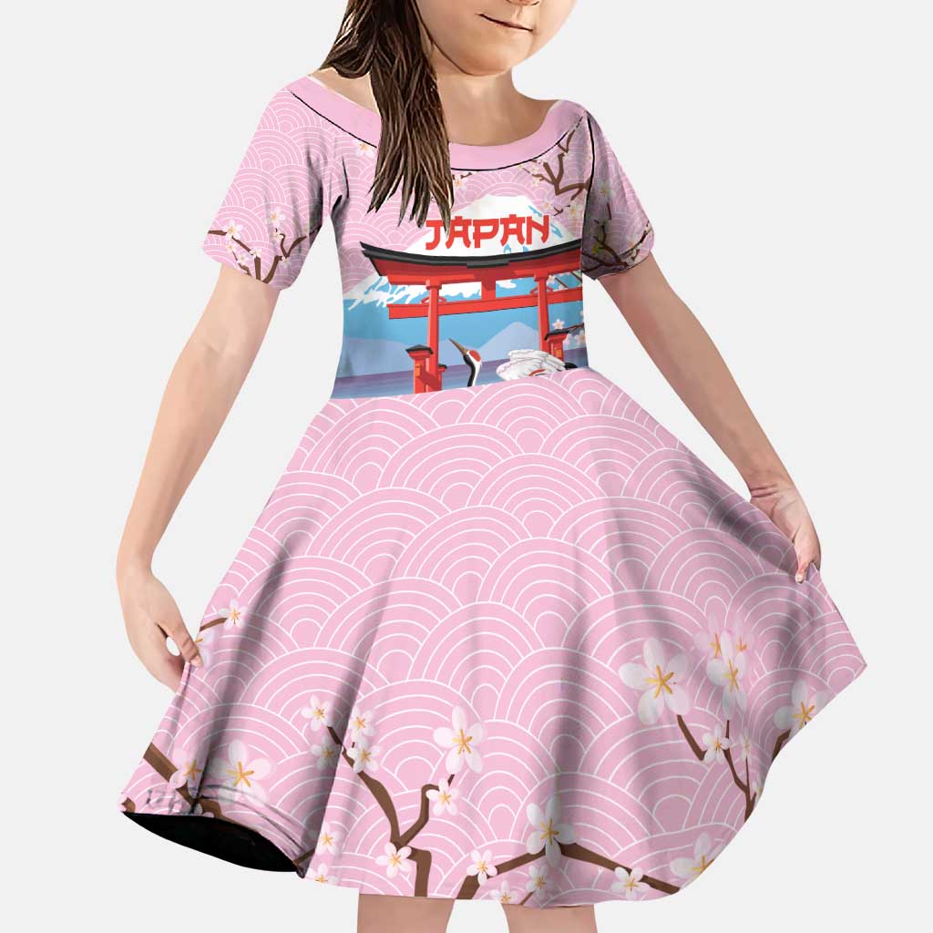 Japanese Torii Gate Cranes Personalised Family Matching Off The Shoulder Long Sleeve Dress and Hawaiian Shirt Fuji Mount Sakura Seigaiha Pattern
