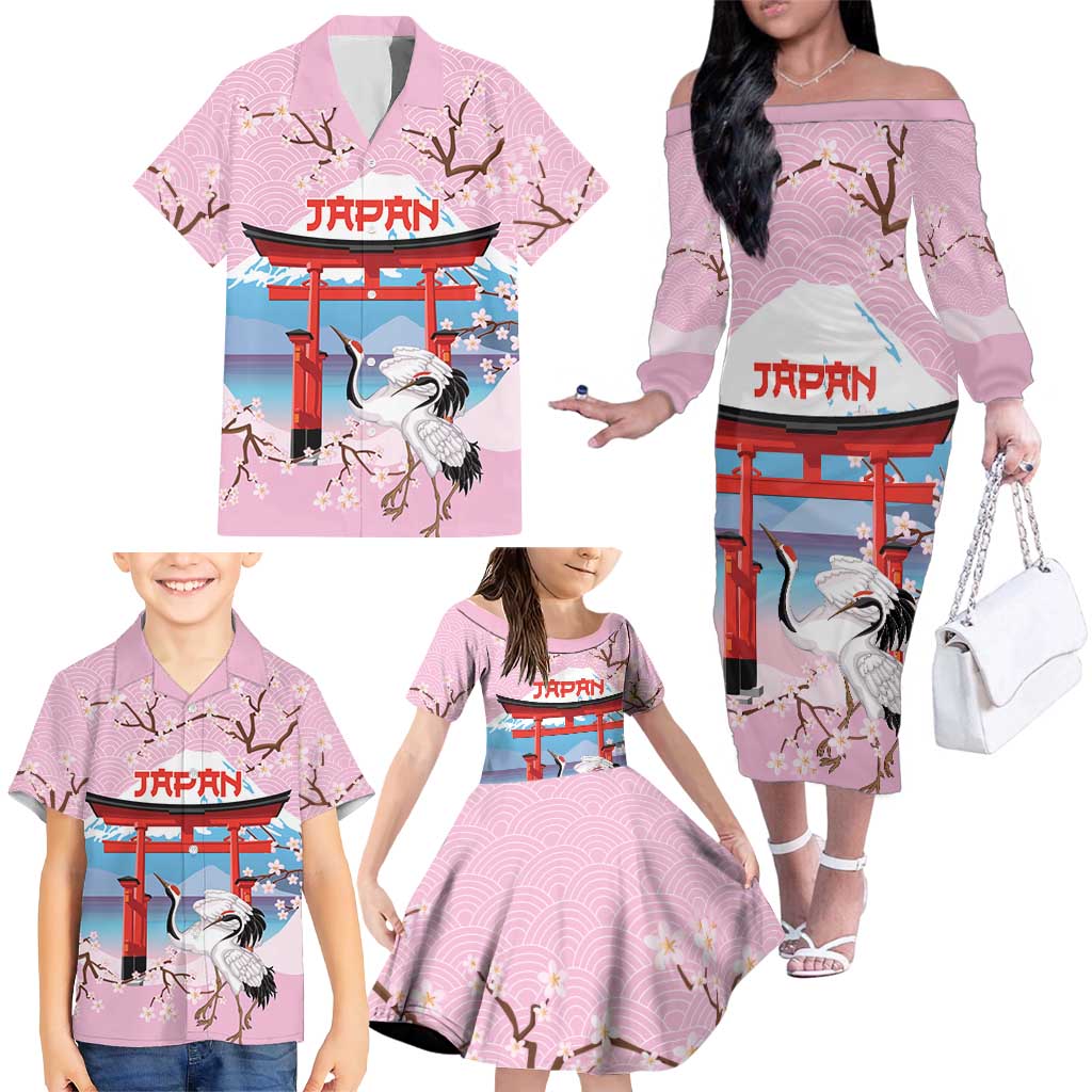 Japanese Torii Gate Cranes Personalised Family Matching Off The Shoulder Long Sleeve Dress and Hawaiian Shirt Fuji Mount Sakura Seigaiha Pattern LT14 - Polynesian Pride
